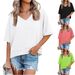 Women's Solid Color Patchwork T-Shirt V-Neck Short Sleeve Loose Top Fashion Summer New Arrival_ecoleips.com