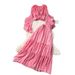 Women's French Style Pink Ruffled Bell Sleeve V Neck Shirt And High Waisted Tiered Skirt Two Piece Set For Resort Slimming Spring_ecoleips.com