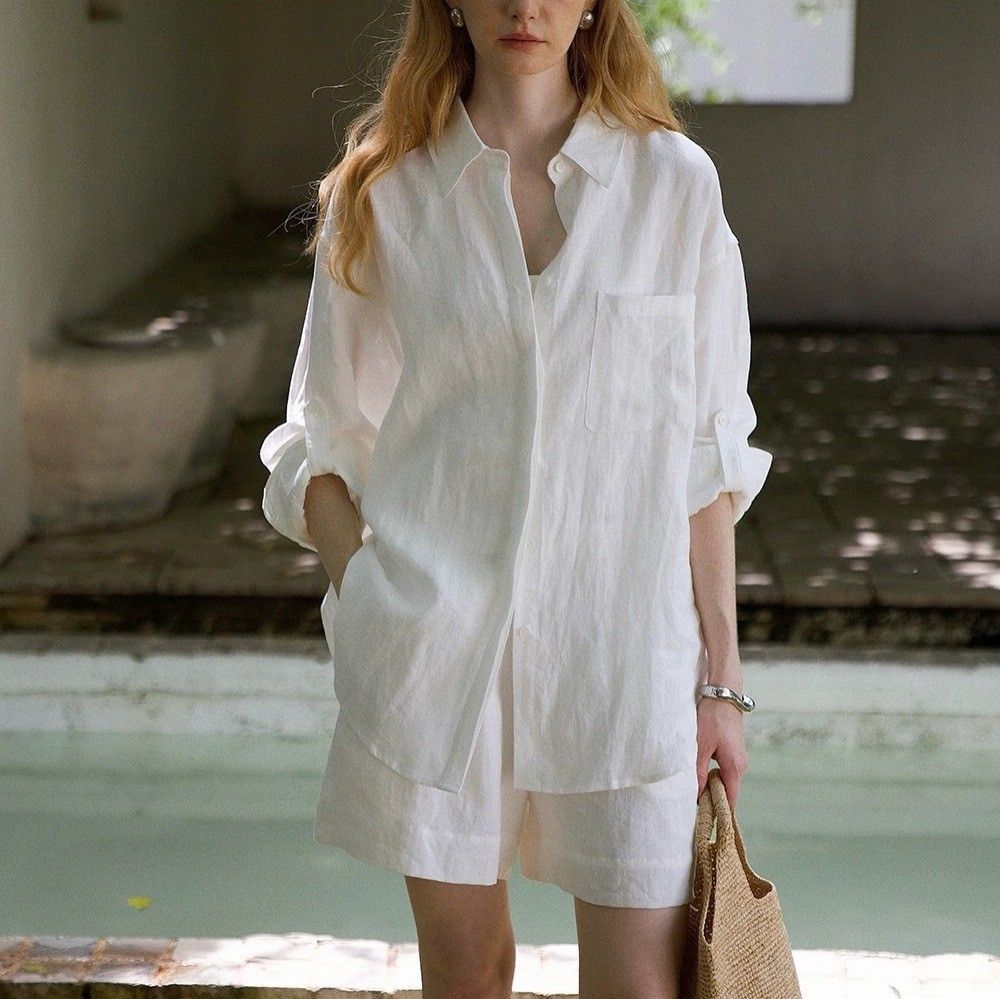 Relaxed Summer/Lazy Casual Style Full Linen Silhouette Shirt/Shorts Set_ecoleips.com