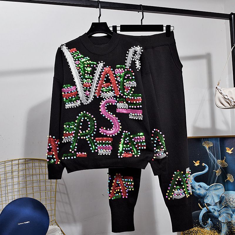 Statement Letter & Sequin Knit Set – Long Sleeve Sweater & Lounge Pants (S-XXL) | Bold & Comfortable_ecoleips.com