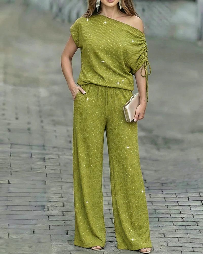 Women's One Shoulder Sequined Two Piece Set Drawstring Top Elastic Waist Wide Leg Pants_ecoleips.com