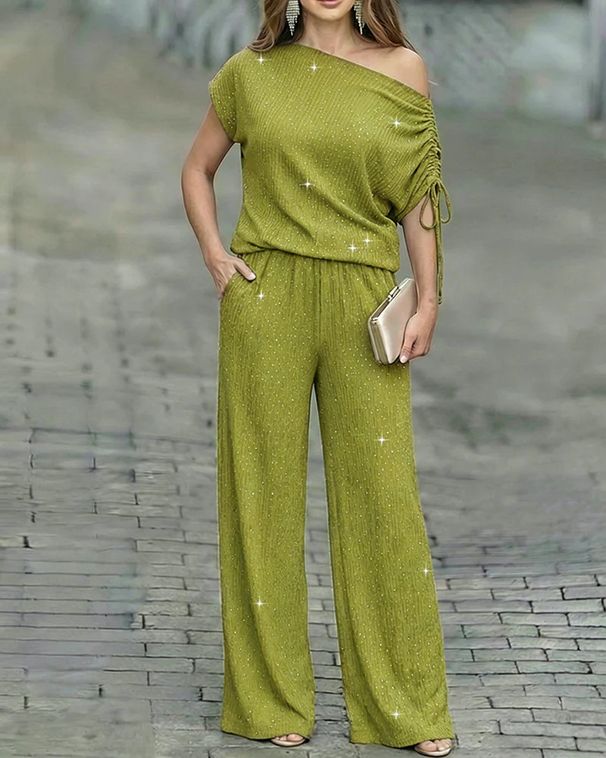 Women's One Shoulder Sequined Two Piece Set Drawstring Top Elastic Waist Wide Leg Pants_ecoleips.com