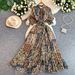 Elegant French Style V Neck Dress with Bow Printed Design Lantern Sleeves Slimming Waist Ruffled Hem for Women_ecoleips.com