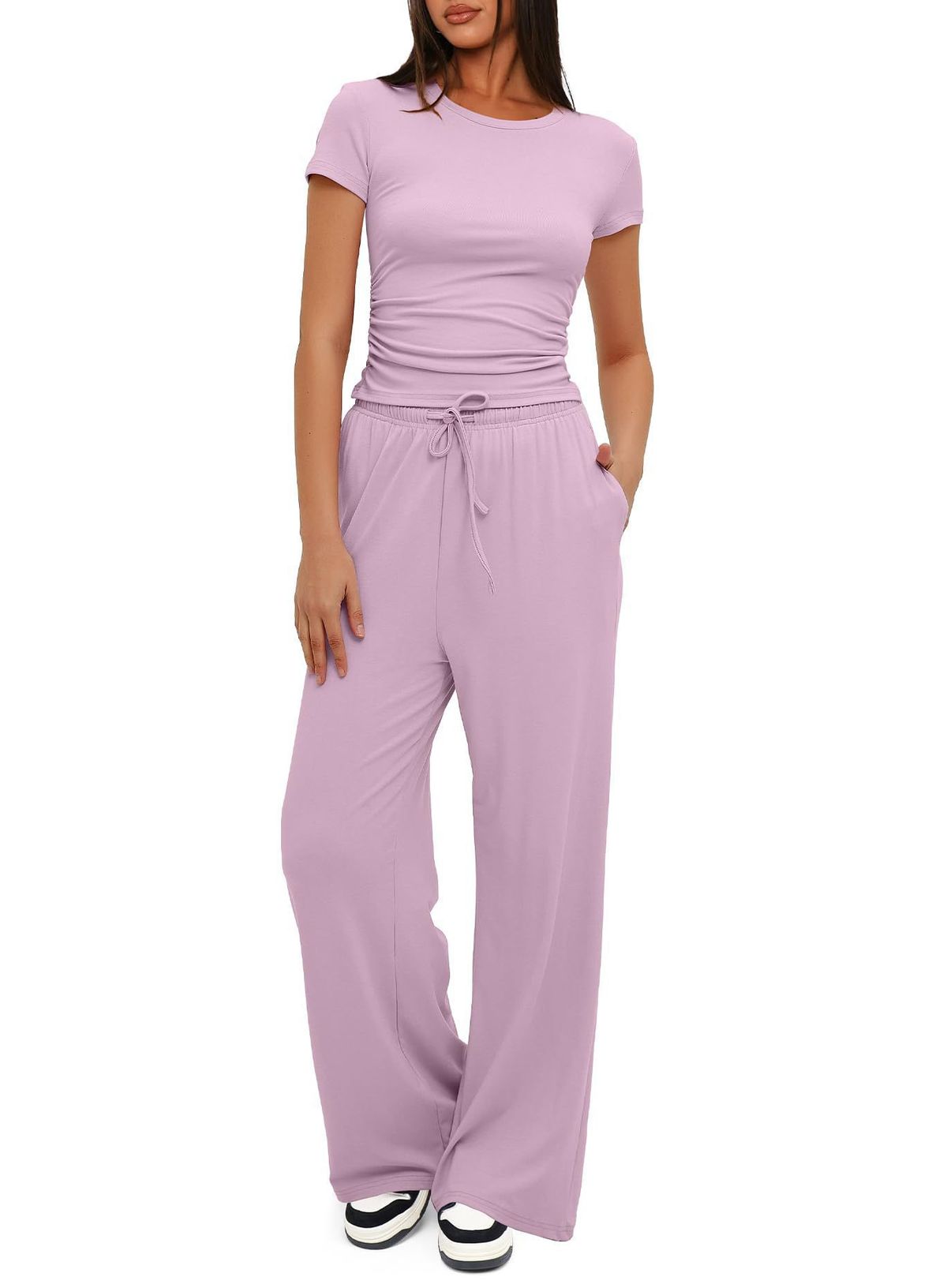 Women's Casual Lounge Set - High-Waisted Wide Leg Pants & Ruffle Sleeve Top, Stretchy Polyester Comfort Outfit In 12 Colors (XS-XXL)_ecoleips.com