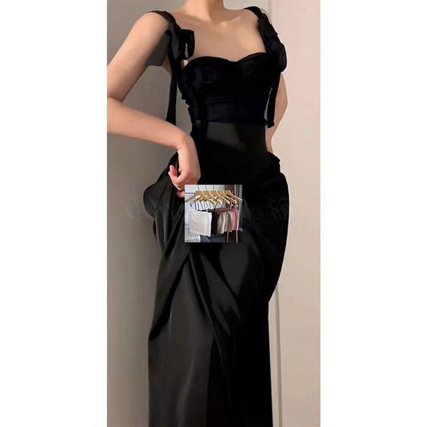 French Hepburn High-End Light Niche Unique Chic Little Black Strap Set Long Dress_ecoleips.com