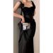 French Hepburn High-End Light Niche Unique Chic Little Black Strap Set Long Dress_ecoleips.com
