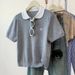 Women's Clothing Gray Babydoll Shirt Straight Shoulder Knitted Short Sleeved T Shirt Female Summer New Small Lapel Slim Short Top_ecoleips.com