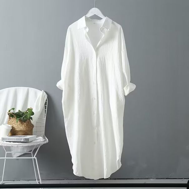 Korean Style Oversized Long-Sleeve Shirt For Women - Relaxed Fit, Solid Color, Polo Collar (White/Khaki/Light Blue, S-2XL)_ecoleips.com