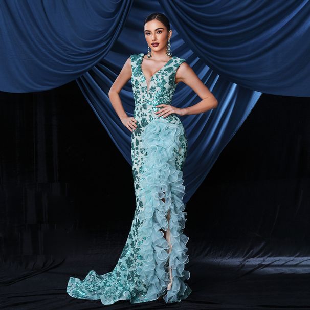 European And American High End Temperament Sexy Long Sequined Sleeveless V Neck Banquet Evening Dress Bridesmaid Dress Dress For Women_ecoleips.com