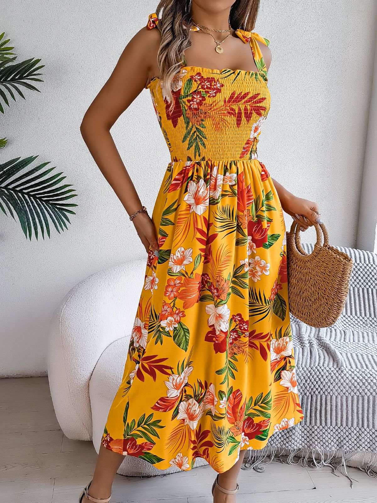 Women's Clothing Spring And Summer Flower Lace Up Waisted Suspender Dress Holiday Beach Long Dress_ecoleips.com