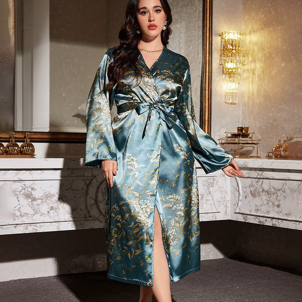 European And American Style Spring Summer Cross-Border Printed Bathrobe For Women Sexy Imitation Silk Nightgown Fashion_ecoleips.com