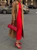 Freeacy 2025 Women Red Temperament Dress Round Neck Long Sleeves Single-breasted Dresses H-line Splited Elegant Evening Dress_ecoleips.com