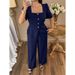 Large Size Women's Clothing Solid Color Square Neck Waist Top Straight Trousers Set Bubble Sleeve Top Drape Wide Leg Pants_ecoleips.com