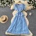 Women's French Style Lace Trimmed Dress Short Sleeved Summer Square Neck Slim Waist Pleated Long Skirt Elegant Sophisticated_ecoleips.com
