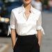 Satin V-Neck Perspective Striped Strap Medium Sleeve Shirt Women_ecoleips.com