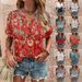 Women's Printed Short Sleeve Shirt With Unique Button Detail, Flowy V-Neck Blouse For Casual Wear Comfortable Relaxed Fit_ecoleips.com