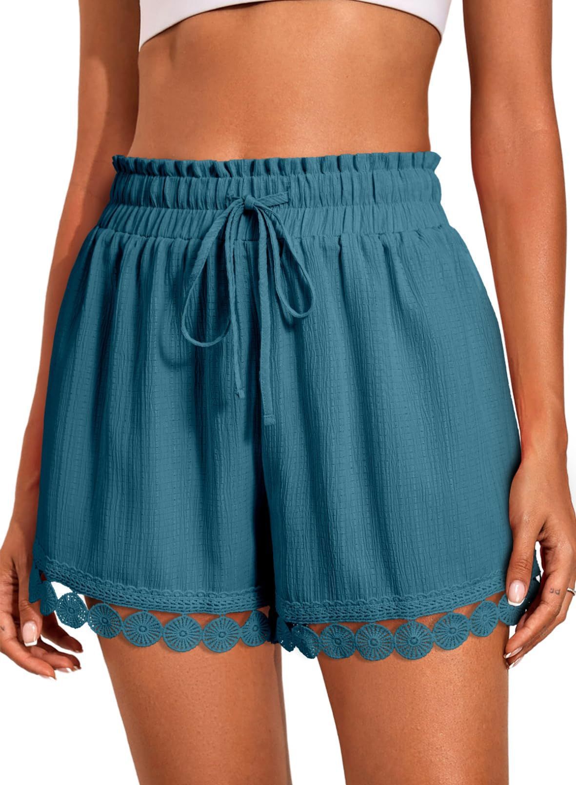 Women's Fashion Lace Trim Casual Loose Tie Waist Shorts Spring/Summer Beach Solid Color Style Bottoms_ecoleips.com