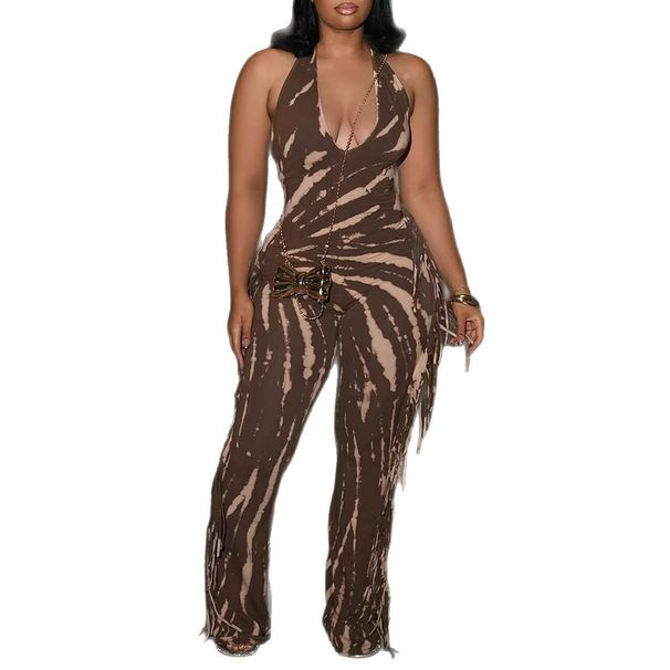 Women's Clothing Elegant Sexy Slim Fit Elastic Backless Tassel Print Halter Neck Strappy Flared Jumpsuit_ecoleips.com