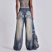 Women's Clothing Washed Old Gradient Wings Printing Retro New Loose Wide Leg Denim_ecoleips.com