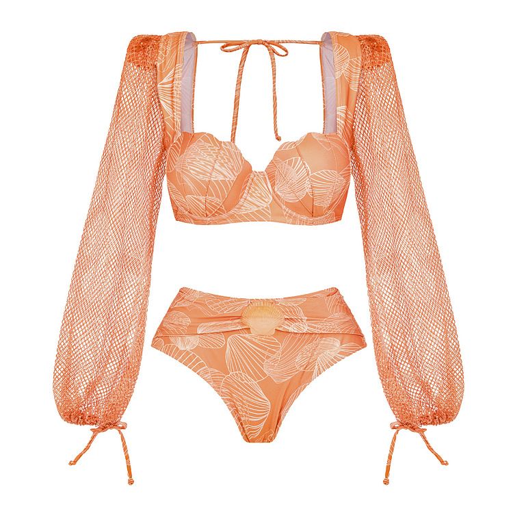 Women's V Neck Mesh Long Sleeve Shiny Seashell Print One Piece Swimsuit European American Style 2025 Sexy Vacation Suit_ecoleips.com