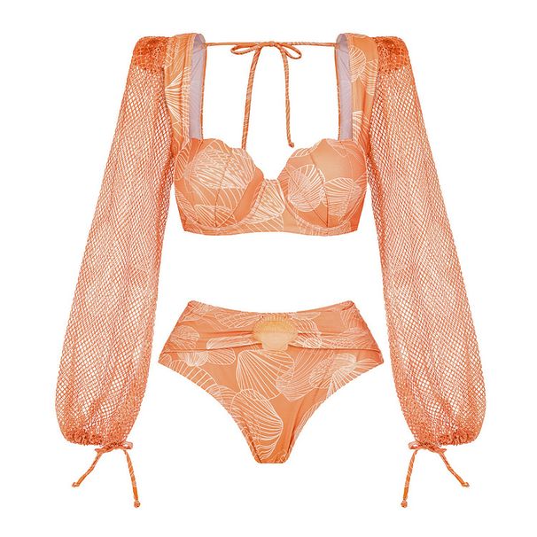 Women's V Neck Mesh Long Sleeve Shiny Seashell Print One Piece Swimsuit European American Style 2025 Sexy Vacation Suit_ecoleips.com
