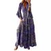 Women's Clothing Trumpet Sleeve Printed V Neck High Waist Dress Floral Female Long Dress_ecoleips.com