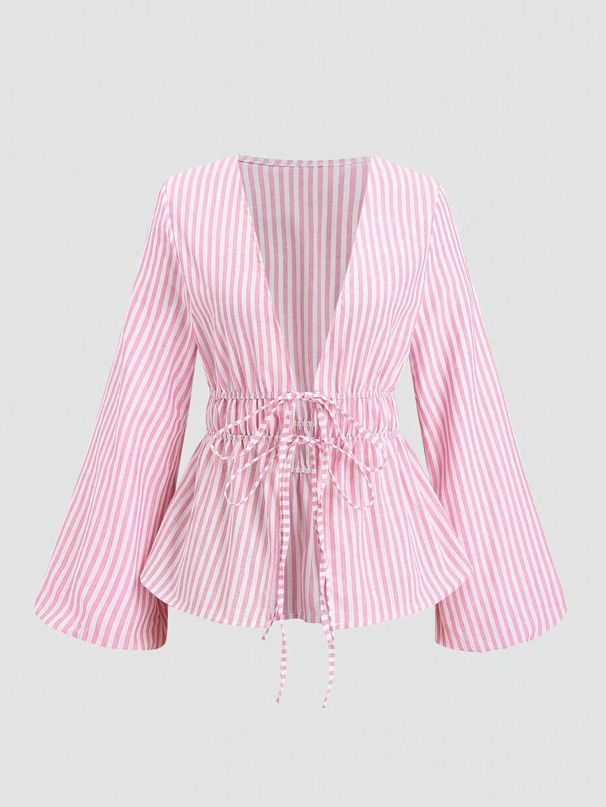 Women's Elegant Striped Ruffle Top Deep V Neck Lantern Sleeve Front Tie Autumn New Fashion Lined Tops For Women_ecoleips.com