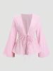 Women's Elegant Striped Ruffle Top Deep V Neck Lantern Sleeve Front Tie Autumn New Fashion Lined Tops For Women_ecoleips.com