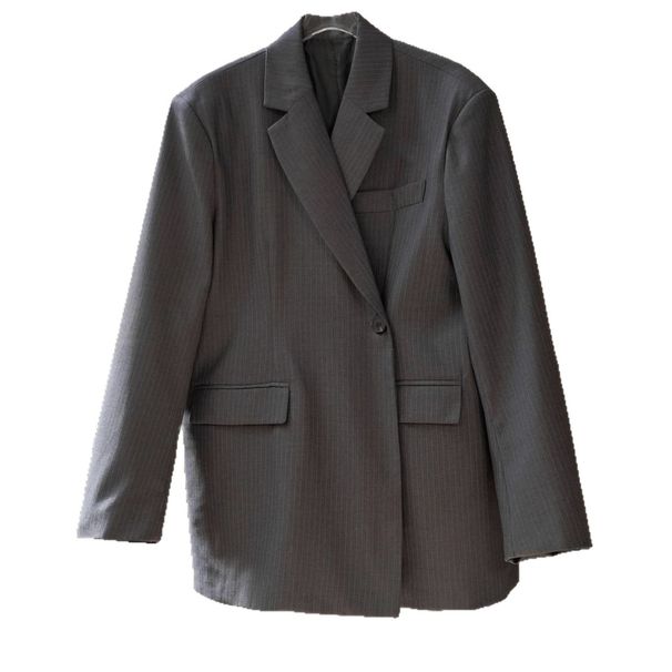 Korean-style Ins Autumn New Diagonal Button Striped Blazer With A Stylish Loose Silhouette And Back Slit Casual Jacket_ecoleips.com