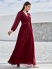 Women's Chiffon V-neck beaded floral pleated elegant ruffled shoulder sleeves pleated chest long skirt with straps and bows on the back_ecoleips.com
