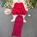 Women's fashion set female socialite temperament lantern long sleeve V-neck lotus leaf bright face shirt women's high waist sequin skirt_ecoleips.com