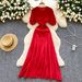 Women's Clothing Lace Collar Puff Sleeves Slim Fit Short Sleeves Knitted Dress Single Row Gold Button Long Skirt_ecoleips.com