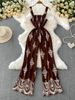 Women's Clothing Temperament Printed Suspender Jumpsuit Pleats Elastic Waist Slimming Wide Leg Pants_ecoleips.com