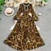 Women's Clothing Light Luxury High End Elegant Diamond Studded Round Neck Lantern Sleeve Dress Summer Leopard Print Slim Waist Long Skirt_ecoleips.com