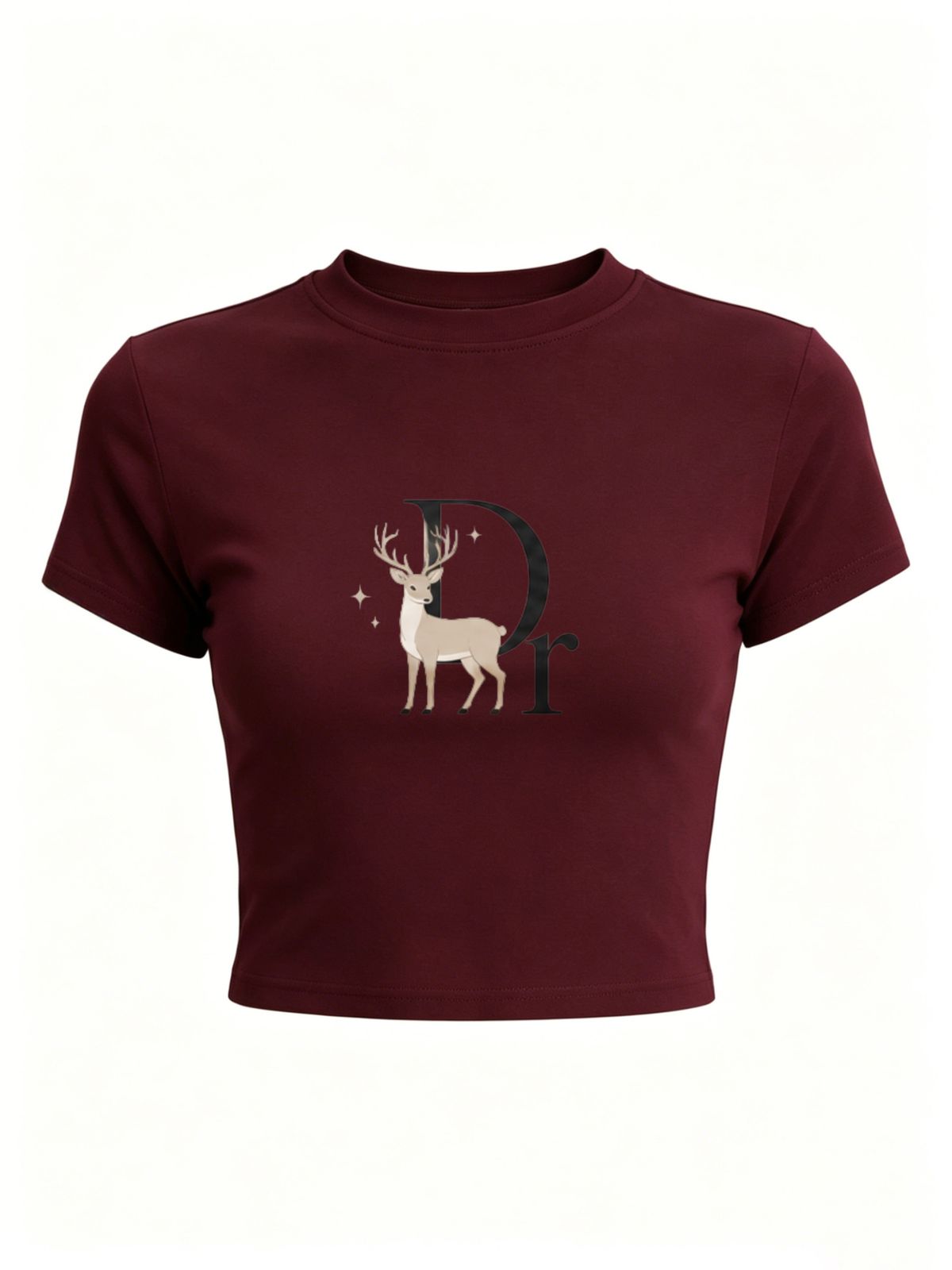 Women's Crop Top - Slim-Fit Short Sleeve T-Shirt With "Dr." Letter & Adorable Deer Print, Y2K Aesthetic Casual Tee For Daily & Streetwear_ecoleips.com