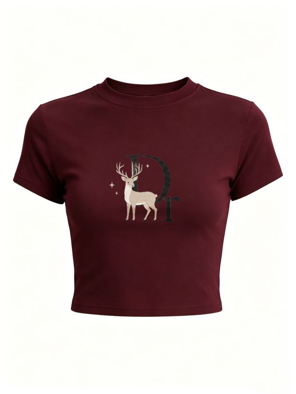 Women's Crop Top - Slim-Fit Short Sleeve T-Shirt With "Dr." Letter & Adorable Deer Print, Y2K Aesthetic Casual Tee For Daily & Streetwear_ecoleips.com