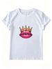 Women Summer Crew Neck Short Sleeve T-Shirt, Glossy Pink Lips Golden Gem Crown Graphic Print Casual White Loose Trendy Streetwear Tee Top_ecoleips.com