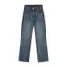 High-waisted Denim With Leather Label Design For Women, Fleece-lined, Wide-leg, Slimming, 2026 Winter New Style, Warm,_ecoleips.com