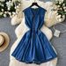 Women's Clothing Sleeveless Vest Denim Skirt Waist Slimming Heavy Beaded Single Breasted Pleated Dress_ecoleips.com