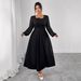 Temperament Long Dress High Waist Pleated Design Square Neck Long Sleeve Large Size Dress_ecoleips.com