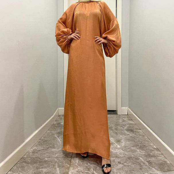 Women's Clothing Lantern Sleeve Bright Silk Long Skirt Stand Collar Back Tie Female Dress_ecoleips.com