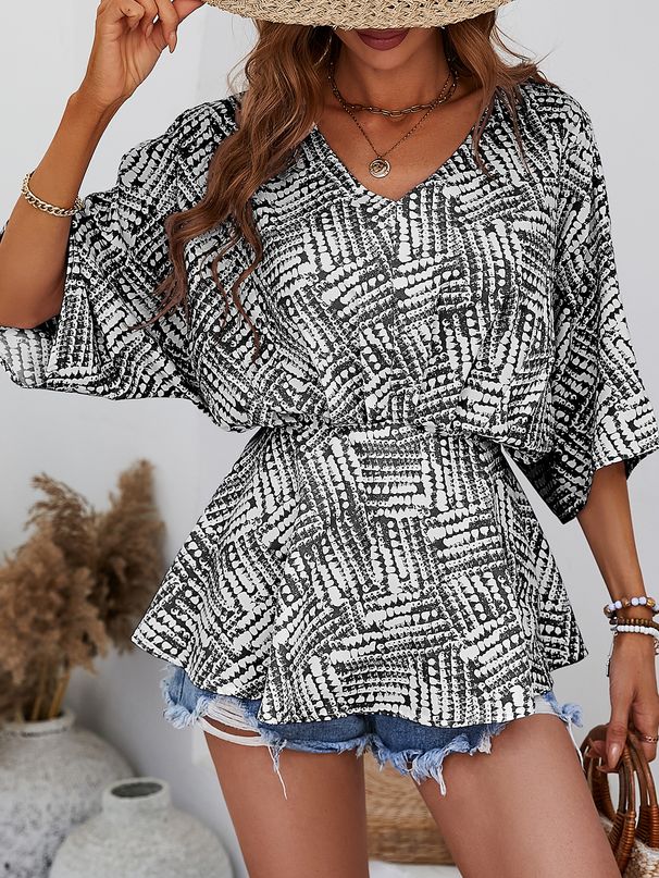 Women's V-neck Batwing Sleeve Loose Waist Printed Top_ecoleips.com