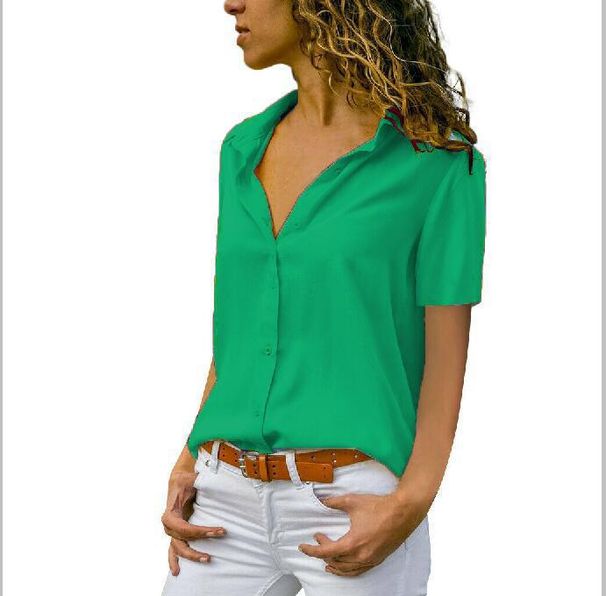 Women's Solid Color Short Sleeve Blouse – Lightweight Chiffon Fabric, V-Neck, Elegant Casual & Office Wear_ecoleips.com