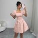 Women's Clothing Summer Elegant Jacquard Dress Slim Fit Square Neck Puff Sleeve A-Line American Style Solid Color_ecoleips.com
