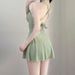 Sweet Pink Wide Strap One Piece Swimsuit Dress With Ruched Bodice Flared Skirt Modest Swimwear For Beach Pool Vacation_ecoleips.com