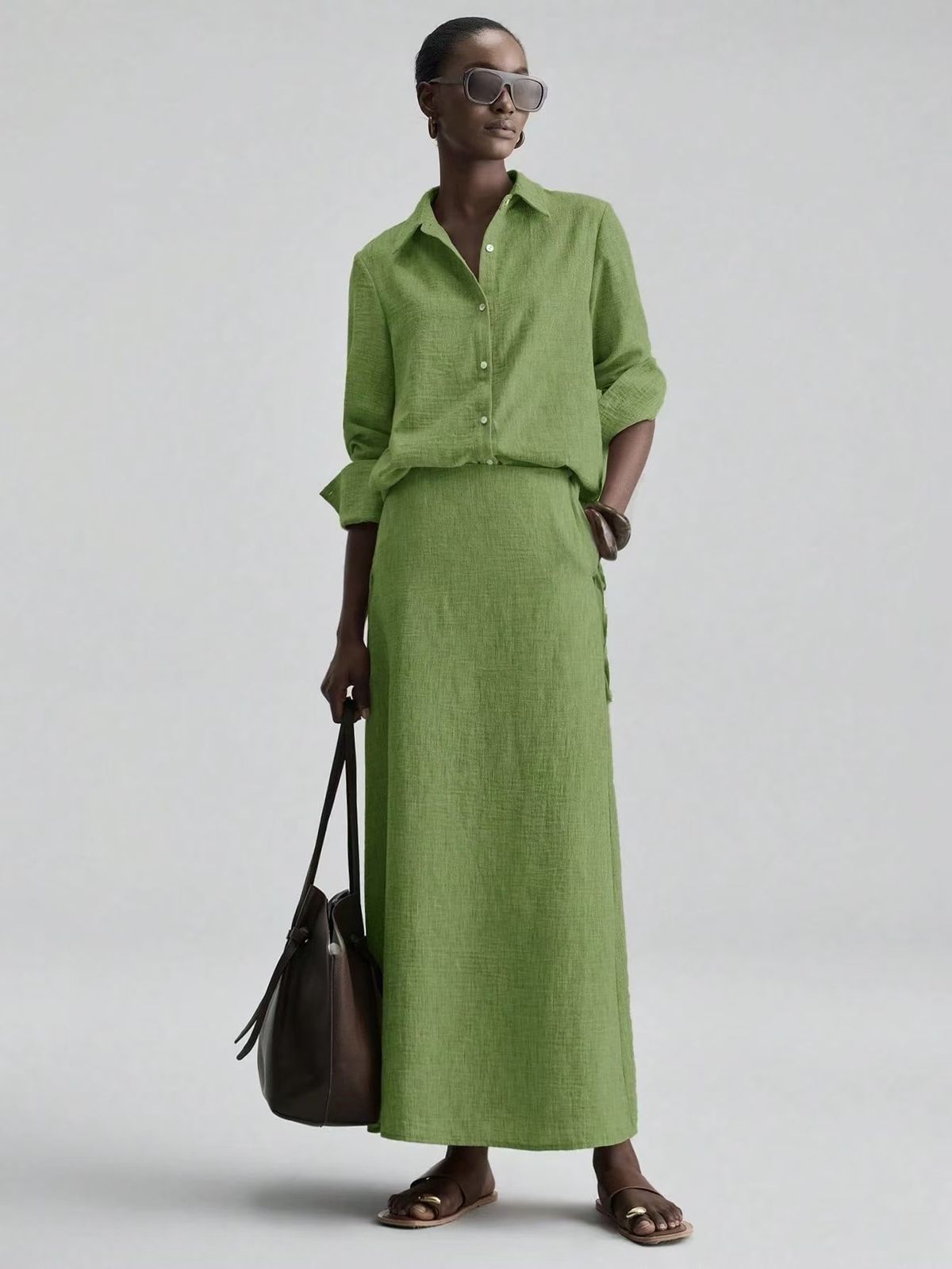 Summer Autumn Women's Casual Collar Cuff Shirt And Loose Long Skirt Two Piece Set European American Style Cross Border Fashion_ecoleips.com