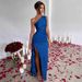 2026 Cross-Border One-Shoulder Ruched Split Sexy Short-Sleeve Satin Dress European And American Summer Style_ecoleips.com