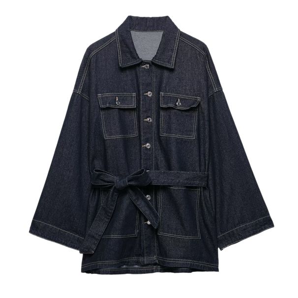Women's Clothing Retro Indigo Blue Denim Jacket With Waist Cinching Belt Loose Long Sleeve Casual Fashion For Spring_ecoleips.com