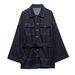 Women's Clothing Retro Indigo Blue Denim Jacket With Waist Cinching Belt Loose Long Sleeve Casual Fashion For Spring_ecoleips.com