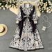 Women's Floral Print Empire Waist Dress – Bell Sleeves & High Neck For Elegant Boho Style_ecoleips.com